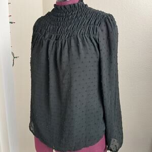 Q&A Shirred Mock Neck Blouse M chiffon raised polka dots balloon sleeves tunic